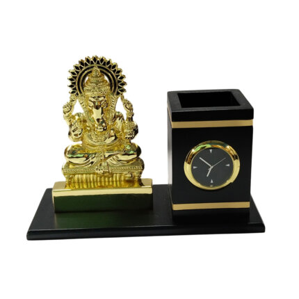 Metal Table Pen Stand With Clock And Ganesha