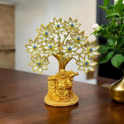 Laughing Buddha Under Evil Eye Tree – Feng Shui Showpiece for Luck, Protection & Gifting | Vastu Decor Charm, Waterproof (Golden)