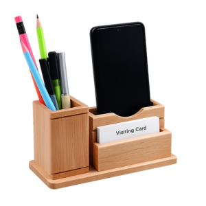 Premium Wooden Desk Organizer with Mobile Holder, Pen Stand & Visiting Card Holder | Custom Engraving Gift